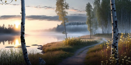 Beautiful misty morning by the lake in the middle of wild nature. Generative AI illustrationの素材