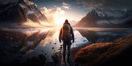 Backpacker standing alone in the middle of amazing landscape with snow capped mountains by the lake at sunset. Generative AI illustrationの素材