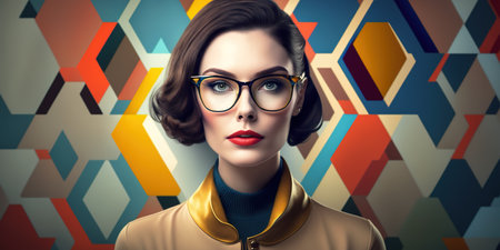 Portrait of sophisticated woman with modern eyeglasses over geometric colorful background. Generative AI illustrationの素材