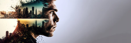 Double exposure portrait of young man with city landscapes. White background with copy space for advertisement. Generative AI illustrationの素材