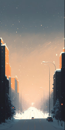 Snow falling in the city at sunset. Generative AI Vertical illustrationの素材