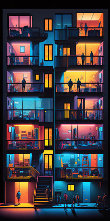 Apartments in residential building with colorful lights at night. 3D rendering, style. Generative AI Illustrationの素材