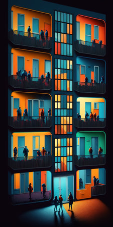 Colorful building apartments at night. 3D rendering style. Generative AI Illustrationの素材