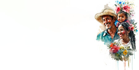 Latino family wearing traditional clothes. Watercolor painting style over white background with copy space. Generative AI Illustration bannerの素材