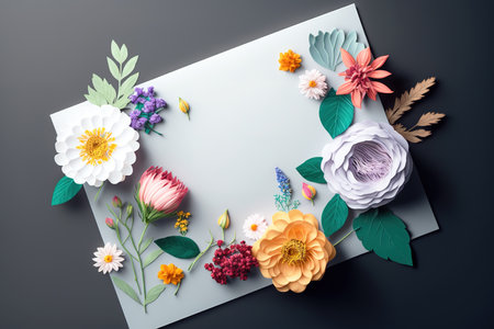 Modern colorful banner with flowers. Big blank space in the middle for inscription. Generative AI Illustrationの素材