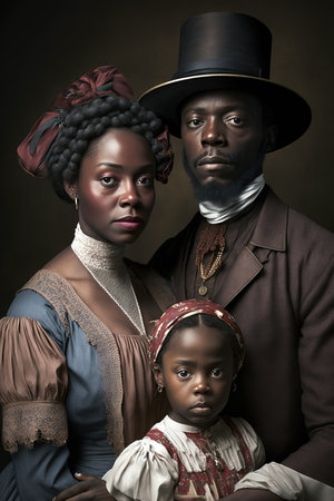 African American family in the previous century. Old fashioned photography style. Generative AI vertical illustrationの素材