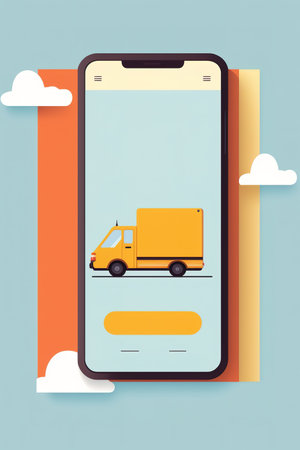 Courier parcel delivery concept. Mobile screen with courier van illustration. Vertical Generative AI Illustrationの素材