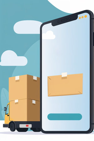 Delivery parcels online service. Smart phone screen for social media. Vertical Generative AI Illustrationの素材