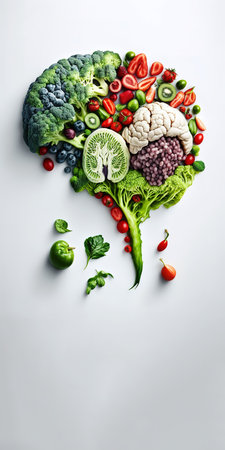 Healthy eating, wellbeing concept. Human brain made of broccoli, strawberry and different veggies. Vertical Generative AI Illustration bannerの素材