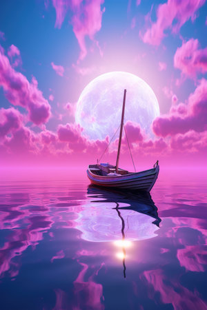 Surreal image of boat in water under pink full moonの素材