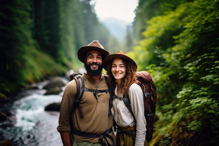 Multi ethnic young couple of backpackers exploring forest in Yosemite National Parkの素材