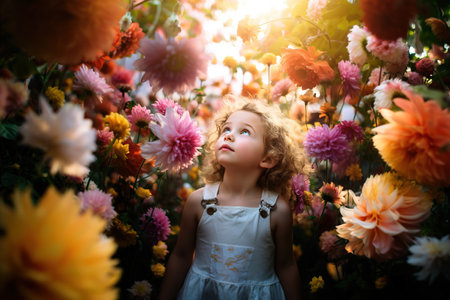 Adorable little girl walking among colorful flowers fieldの素材