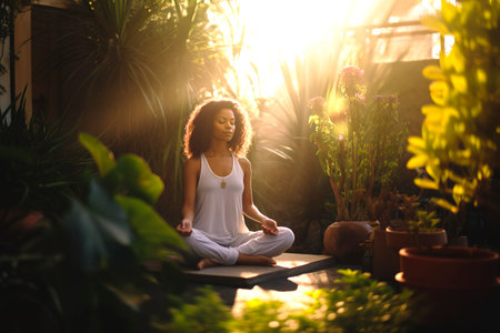 Serene moment of woman meditating in her garden with sunbeam of morning lightの素材