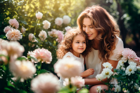 Caring mother embracing her little daughter while walking among rose gardenの素材