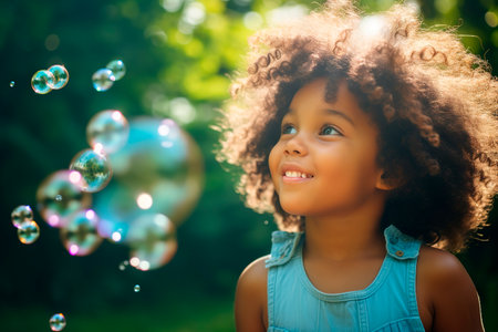 Cute African American little girl portrait blowing bubbles in the gardenの素材