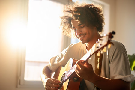 Passionate African American man playing guitar at home next to window on a sunny dayの素材