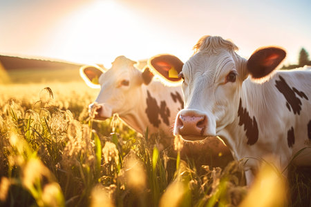 Two adorable cows in agricultural field under the sunbeam of golden hourの素材