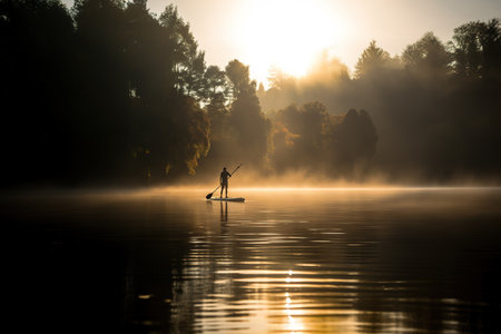 Silhouette of man paddle boarder during practice on the lake in misty morningの素材
