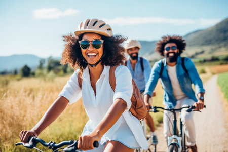 Group of African American friends enjoying ride on their bikes on a sunny summer dayの素材