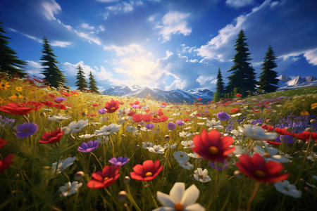 Colorful wild flowers in amazing mountain landscape. Low angle view on a sunny dayの素材