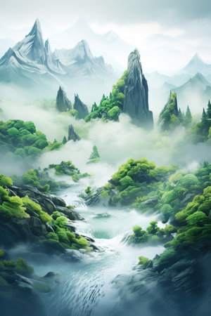 Amazing realistic illustration of mountain peaks in misty morning among the forestの素材