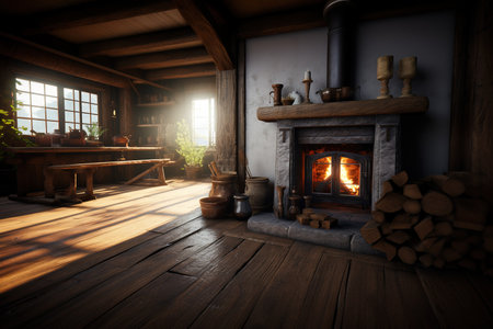 Rustic wooden fireplace in cozy warm cabinの素材