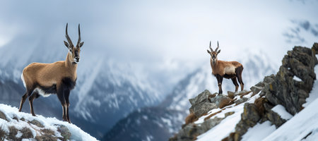 Two agile Alpine chamois standing at the top of snowcapped mountain rangeの素材