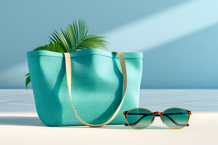 Beach bag with summer glasses on light blue backgroundの素材