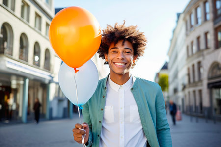 Cheerful young man holding balloons for his girlfriendの素材