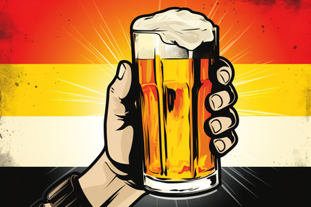 Hand rising beer mug with ]German flag as background. Oktoberfest illustration bannerの素材