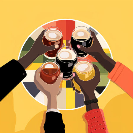 Top view flat design illustration of hand cheering with craft beerの素材