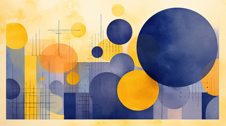 Abstract watercolor geometric shapes in yellow in blue colorsの素材