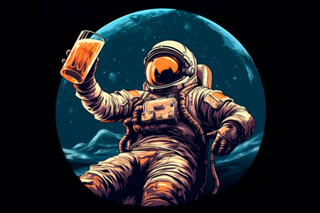 Illustration banner of an astronaut holding beer in the space. Printable design for t-shirt or mugsの素材