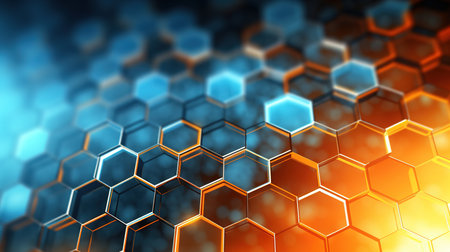Close up shot of hexagonal shapes on neon colors backgroundの素材