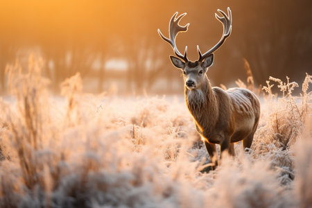 Large wild deer in frosted grass in morning lightの素材