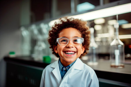 Adorable African American little boy playing in the lab with scientist costumeの素材