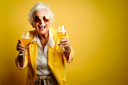 Cool funny grandma holding two beers on yellow background studio shot with copy spaceの素材