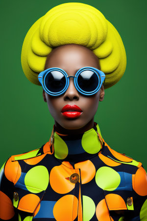 African American woman with disruptive colorful fashion style. Vertical shot on green backgroundの素材