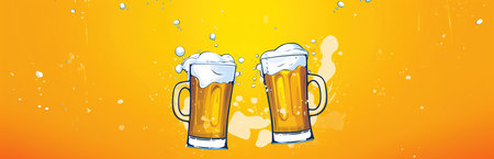 Minimalist illustration of two beer mugs on bright yellow backgroundの素材