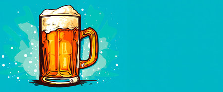 Colorful illustration banner of beer mug on light blue background with copy spaceの素材
