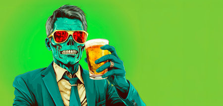 Cartoon illustration of zombie drinking beer on green background with copy spaceの素材
