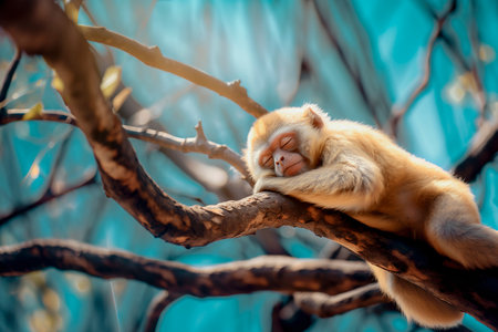 Cute monkey sleeping on tree brunch. low angle perspectiveの素材