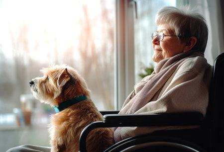 Senior retired woman in wheelchair looking at the window with her dog on her lapの素材