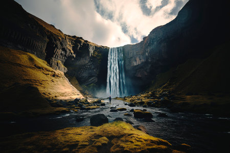 Amazing waterfall in remote location with person walkingの素材