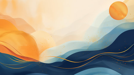 Watercolor design of waves under the sun. Abstract background conceptの素材
