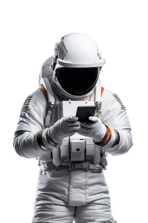 Astronaut using smartphone over white transparent backgroundの素材
