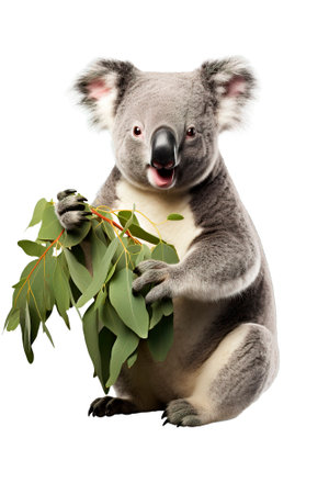 Koala easting eucalyptus leaves over white transparent backgroundの素材
