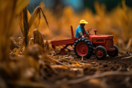 Miniature toys of farmer using tractor in corn fieldの素材