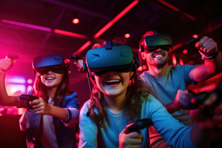 Father playing VR video games with daughter enjoying the experienceの素材