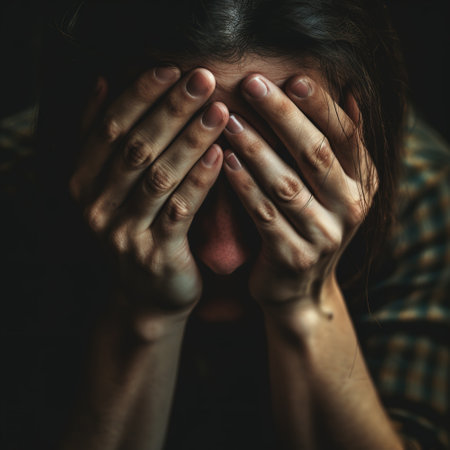 Man hands covering his face in pain. Close up shot of mental healthの素材